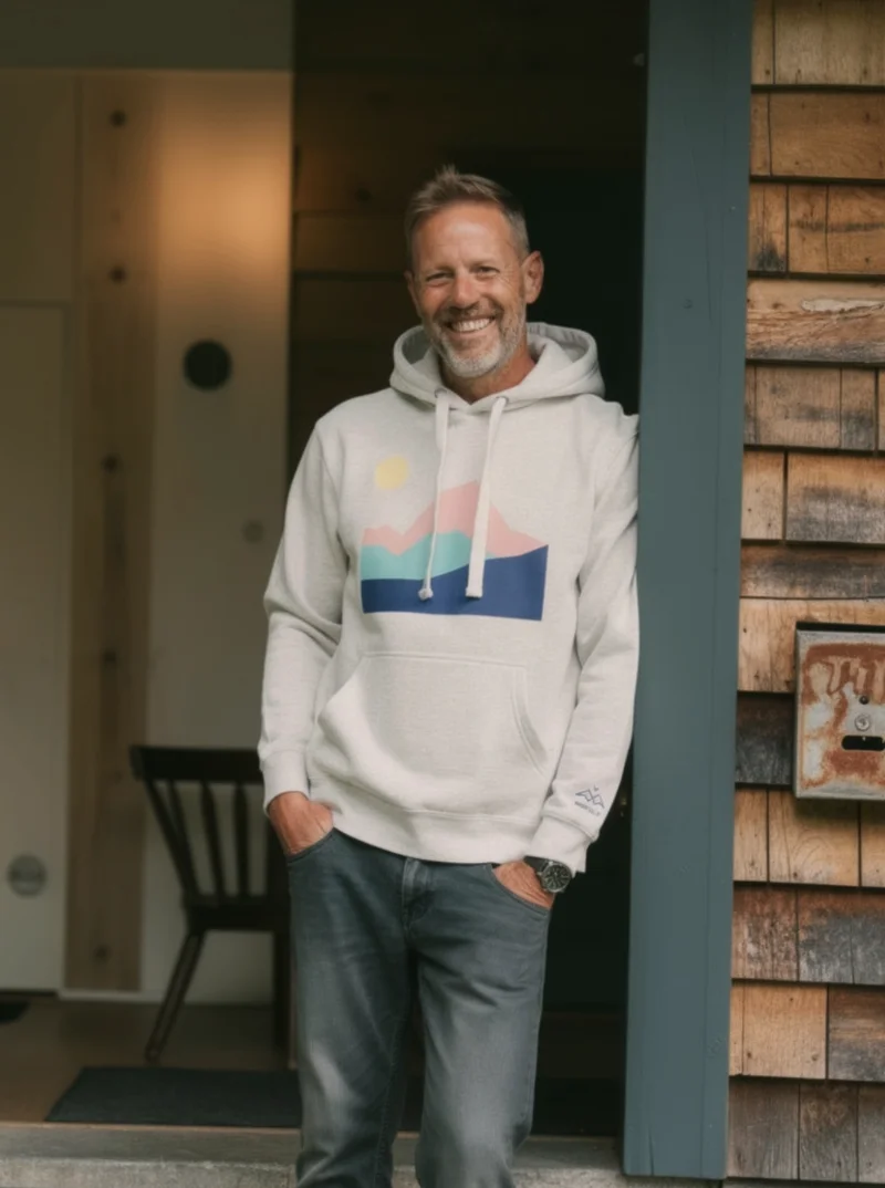 Hoodie Highlands Oatmeal de NOWFIELD porté dans un environnement naturel, illustrant l'esprit outdoor et minimaliste de la collection.