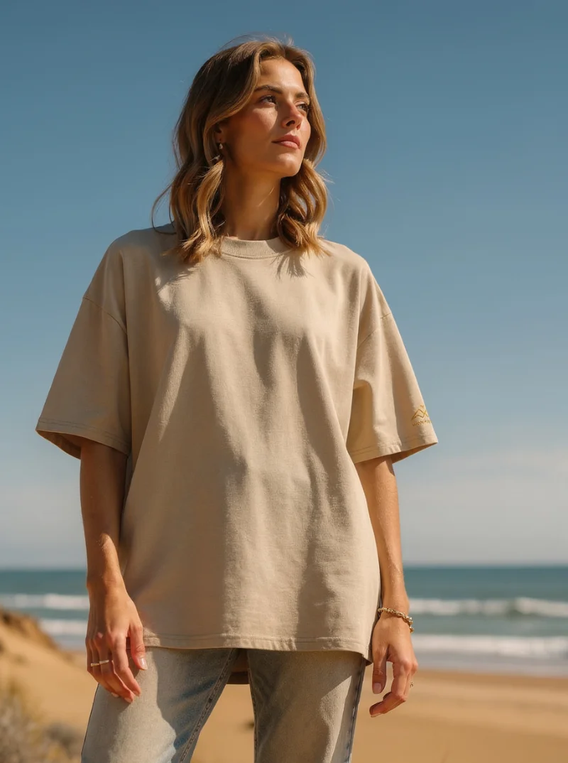 T-shirt Essential Stone de NOWFIELD porté dans un environnement outdoor.