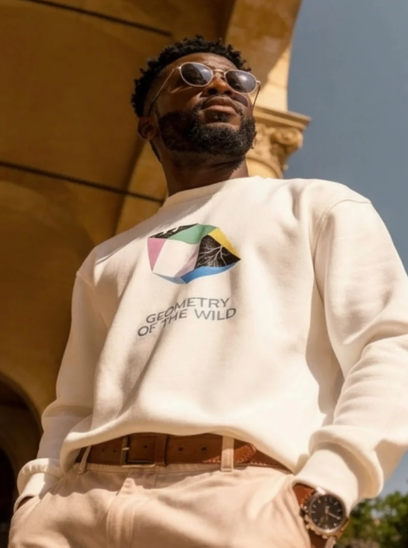 Sweatshirt Geometry of the Wild de NOWFIELD porté dans un environnement outdoor au design minimaliste.
