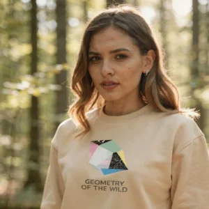 Modèle portant le sweat Geometry of the Wild de NOWFIELD, vue de face.