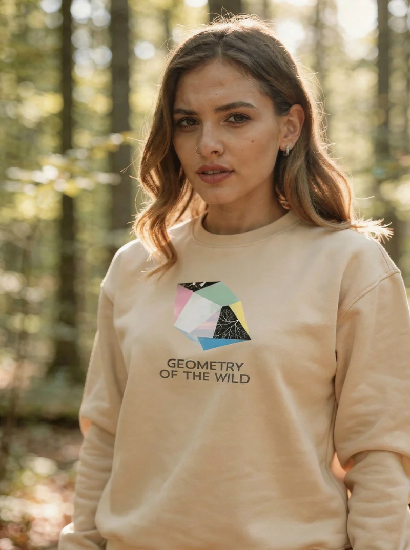 Modèle portant le sweat Geometry of the Wild de NOWFIELD, vue de face.